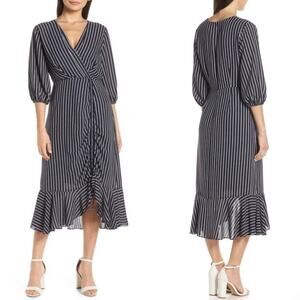 NWT! Chelsea28 Navy Pinstriped Ruffled Hem Dress size Medium